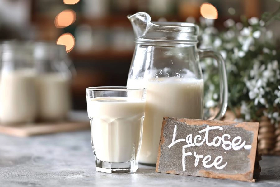 Lactose-free milk in a glass and jug and a sign.